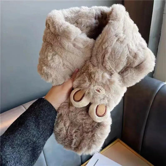 Winter Cartoon Plush Scarf Cute Bear Ears Imitation Rex Rabbit Fur Collar Thick Warm Scarf