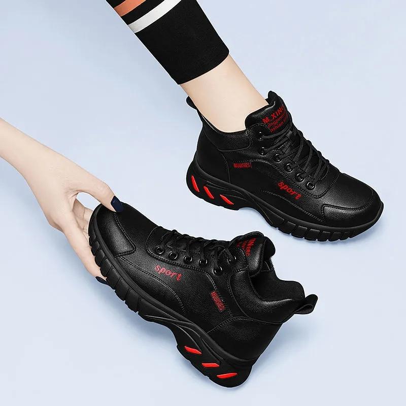 Single Shoes Sports Shoes Women's Shoes All-match Running Shoes Women's Casual Shoes Thick-soled Non-slip Flat Leather Shoes