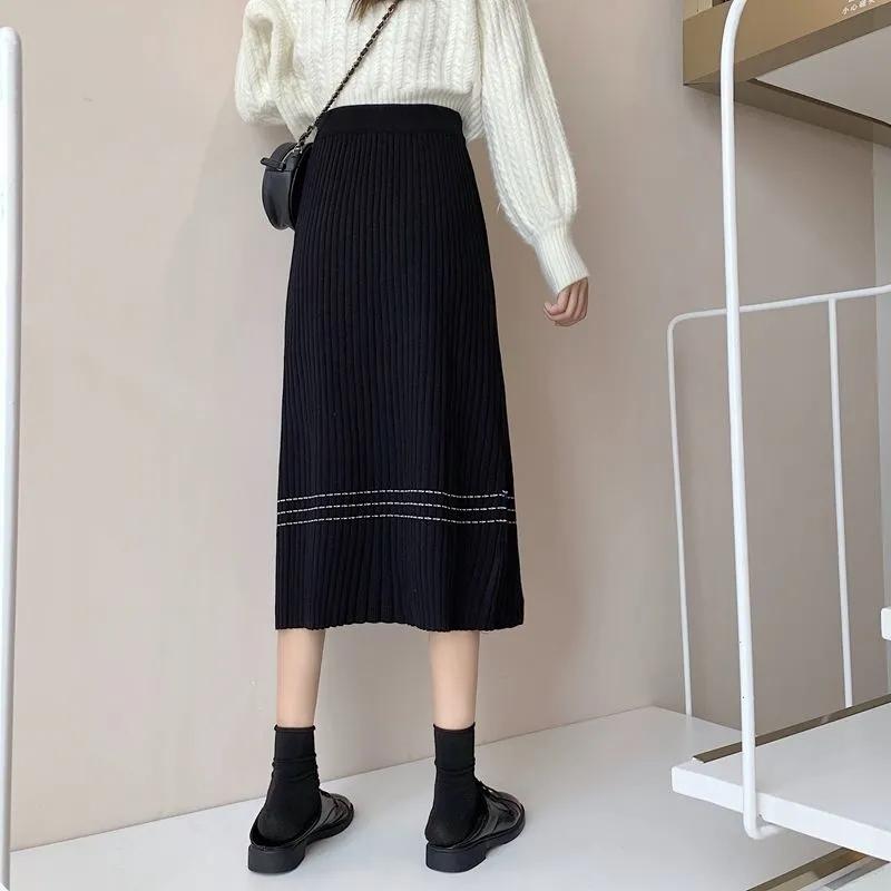 Knitted Skirt Autumn and Winter Women's High Waist Mid-length All-match A-line Skirt Covering Crotch