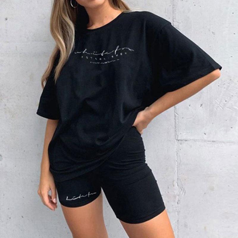 2PCS Summer Women's Sports Suit T-Shirt Letter Crew Neck Short Sleeve Top Shorts Casual Two Piece Suit Athletic Clothing Sets