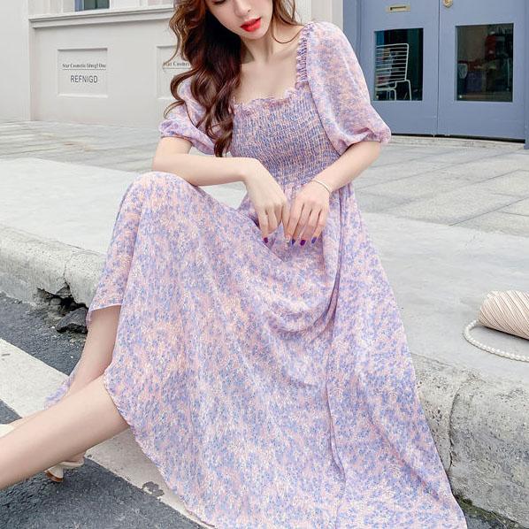 Female Vintage High Waist Super Fairy Holiday Dress Elegant Slim Little Fresh Chiffon Floral Print Dress