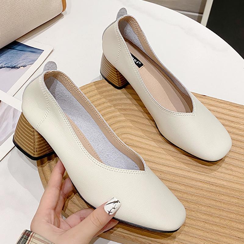 Square Toe Thick Heel Shoes Korean Casual Leather Shoes Soft Sole Temperament Soft Leather Women's Shoes Casual Shoes