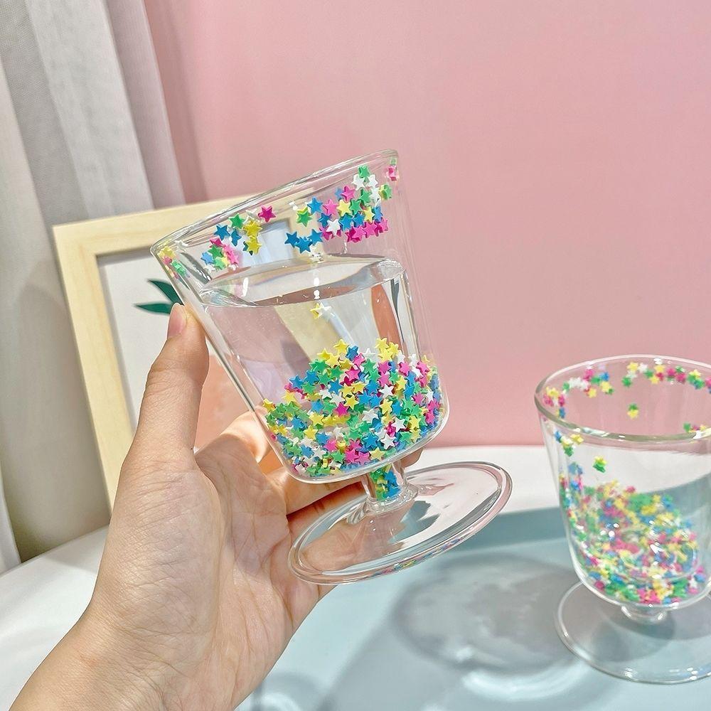 Korean Version of Ins Girl Creative Cute Double Glass Cup Goblet Flowing Color Film Water Cup New Year Gift Cup