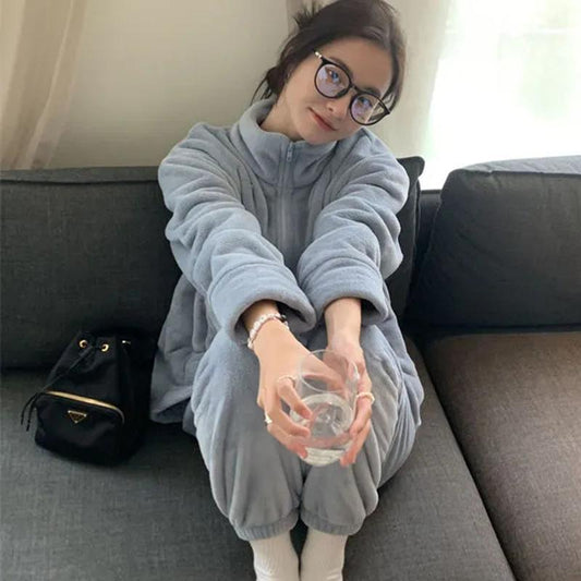 Women's Autumn Winter Out Wear Pajamas Set Coral Fleece Cardigan Zipper Pyjamas Solid Color Stand Collar Top Set Homewear Two-piece Set