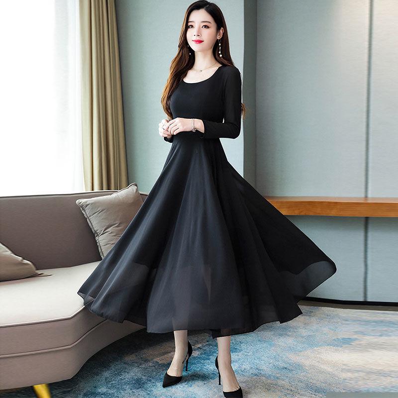 Chiffon large swing dress female long spring and autumn dress plus size long-sleeved slim skirt