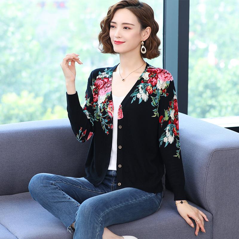 Autumn and Winter Women's Printed Cardigan V-neck Casual Sweater Coat High-end Wool Plus Size Cardigan