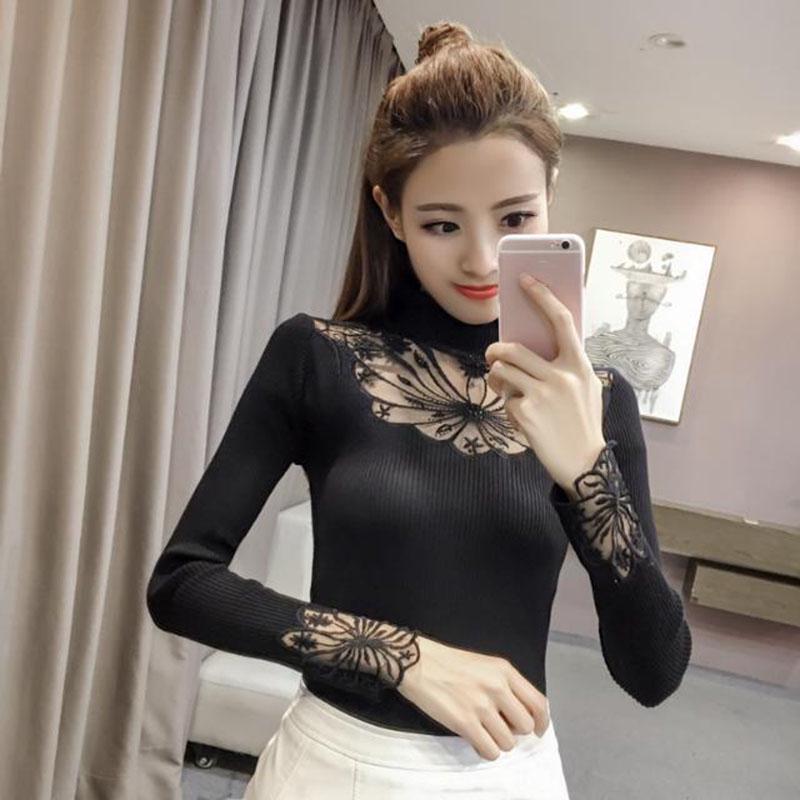 Autumn and Winter Korean Sexy Hollow Diamond-studded Sweater Women's Pullover Sweater Stretch Mesh Embroidery Lace Base Sweater