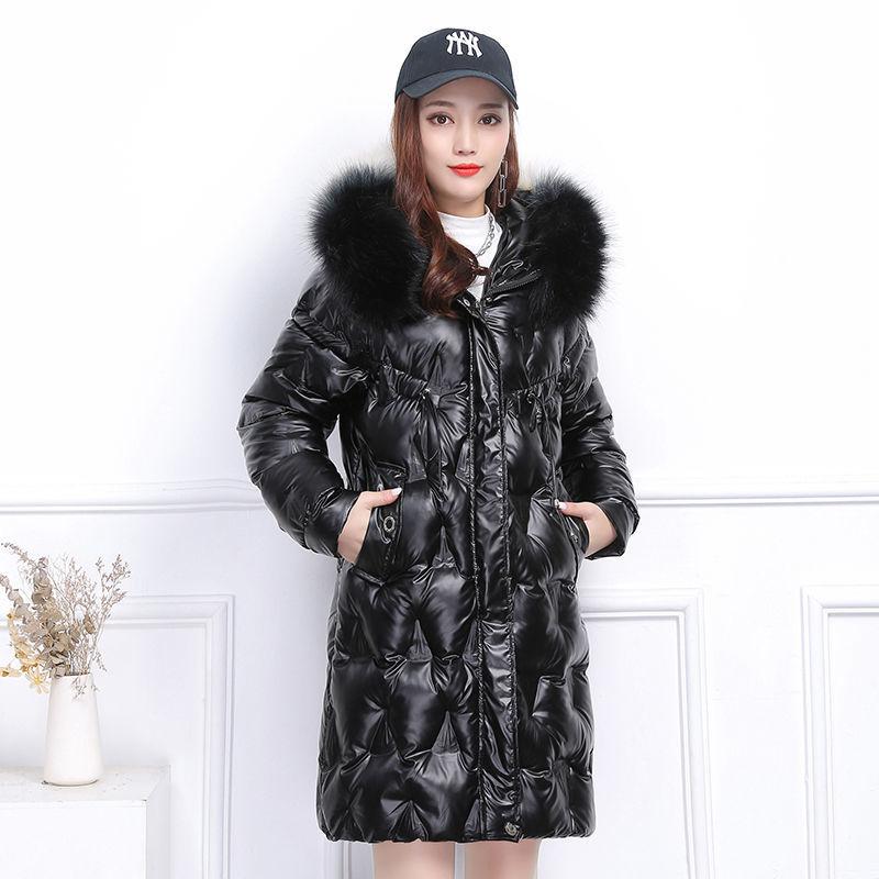 Winter Women's Thick Coat Mid-length Down Down Padded Jacket Over The Knee Shiny Fashion Korean Style Loose Large Fur Collar