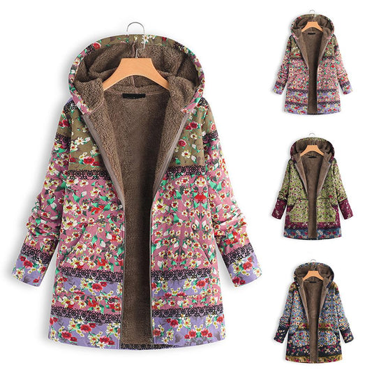 Floral Parkas for Women Plus Size Thick Warm Winter Hooded Jackets Loose Casual Long Zipper Coat Ladies Cotton Parkas