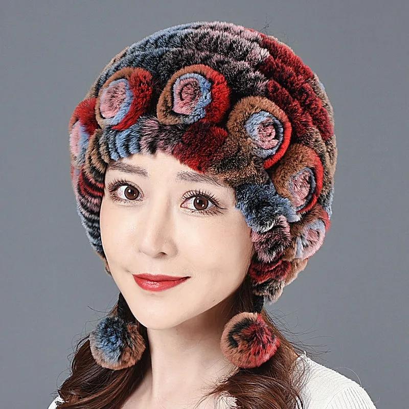 Women's Rex Rabbit Fur Hat Autumn and Winter Elegant Floral Warm Mother's Ear Cap Fur Hat Thick Bib Fur Hat All-match Ear Protection Hat