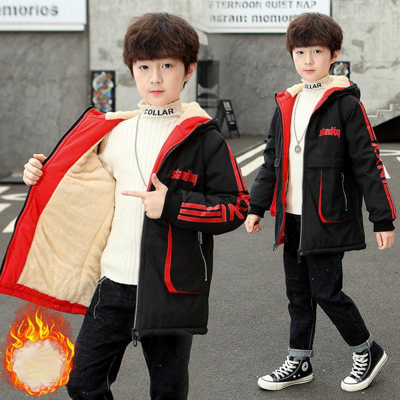 Winter Clothes Plus Cotton Thickening Boys Plus Fleece Jacket Big Children's Cotton Jacket Boy Jacket Children's Mid-length Cotton Jacket