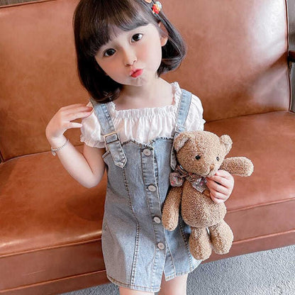 2PCS Children Clothing Set Spring Korean Style Summer Girls Suits Printing Short Sleeve Ruffle Tops + Braces Skirt Clothing Set