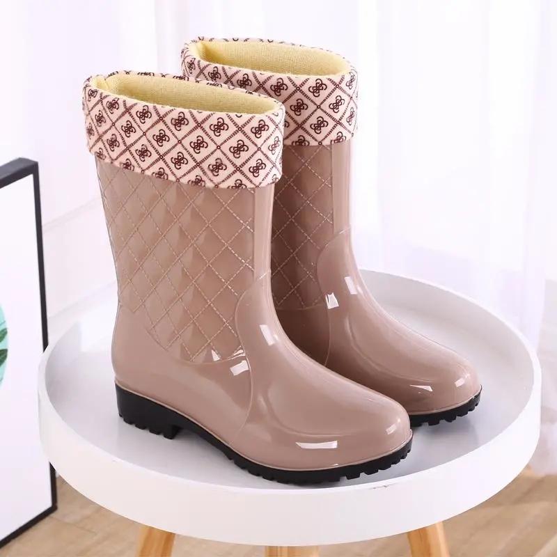 Rain Boots Ladies Mid-tube Warm Rain Boots Non-slip Water Shoes High-tube Rubber Shoes Adult Plus Cotton Boots Overshoes