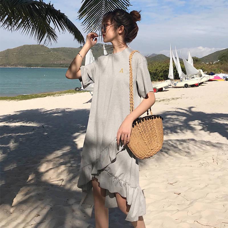 Loose Short-sleeve T-shirt  Calf-length Ruffles Dress Holiday Beach Asymmetrical Dress