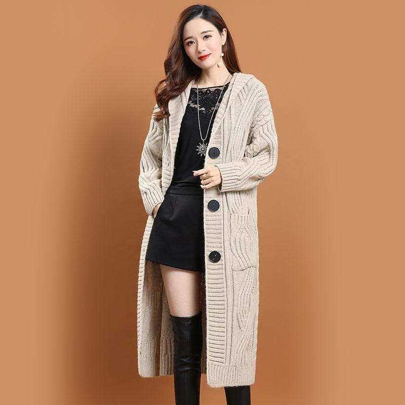 Hooded Knitted Cardigan Women's Outer Wear Autumn and Winter Long Loose Large Size Solid Color Sweater Jacket