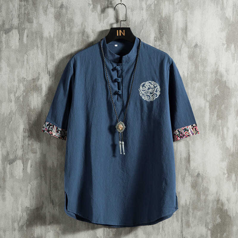 Chinese Style Linen Embroidery Men's T-shirt Summer Loose Short-sleeved Cotton and Linen Clothes