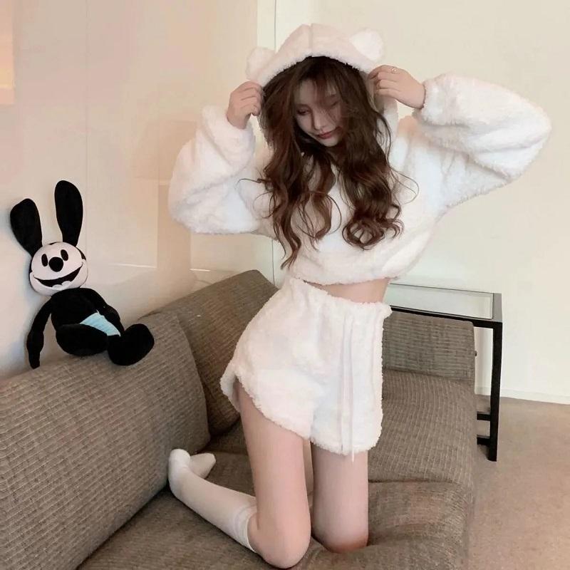 Faux Lamb Wool Coat Top Pants Two-piece Set Cute Plush Bear Ear Hooded Women's Sexy Homewear Short Pants Suit