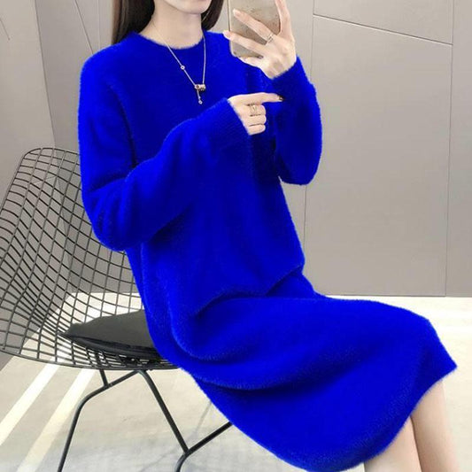 Long Mohair Sweater Dress Autumn and Winter Knitted Bottoming Shirt Loose All-match Female Dress