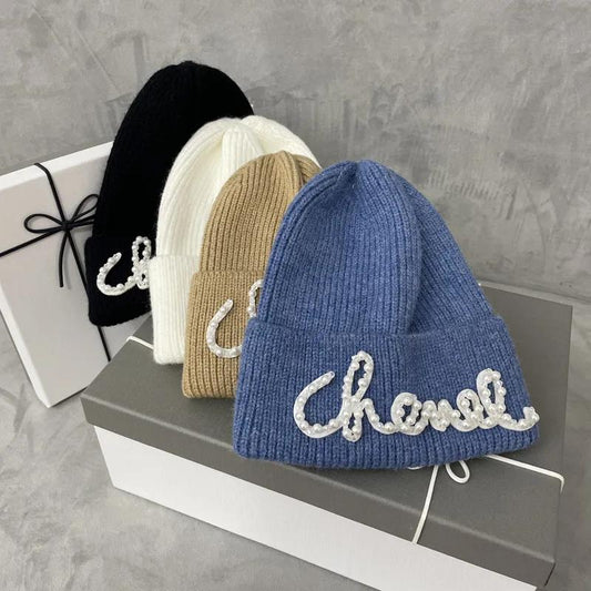 Women's Fashion Knitted Hat Korean Pearl Stitching Woolen Cap Winter Warm Ear Protection Cap