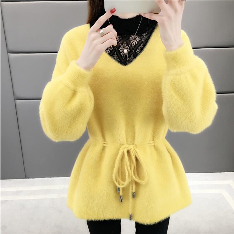 Casual Autumn Winter Lace Up Sweater Women Mohair Knitted Sweaters Warm Long Sleeve Pullover Sweater