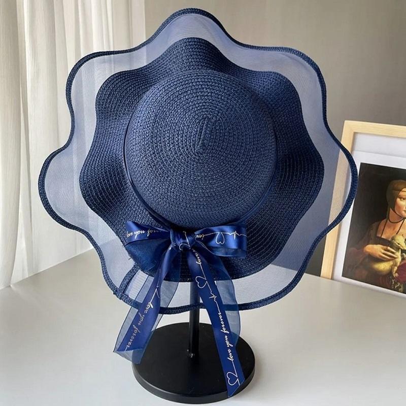 Women's Summer Bow Mesh Straw Hat Transparent Beach Vacation Sun Cap Sunscreen Anti-UV Wide Brim Cool Hat Sun Hat