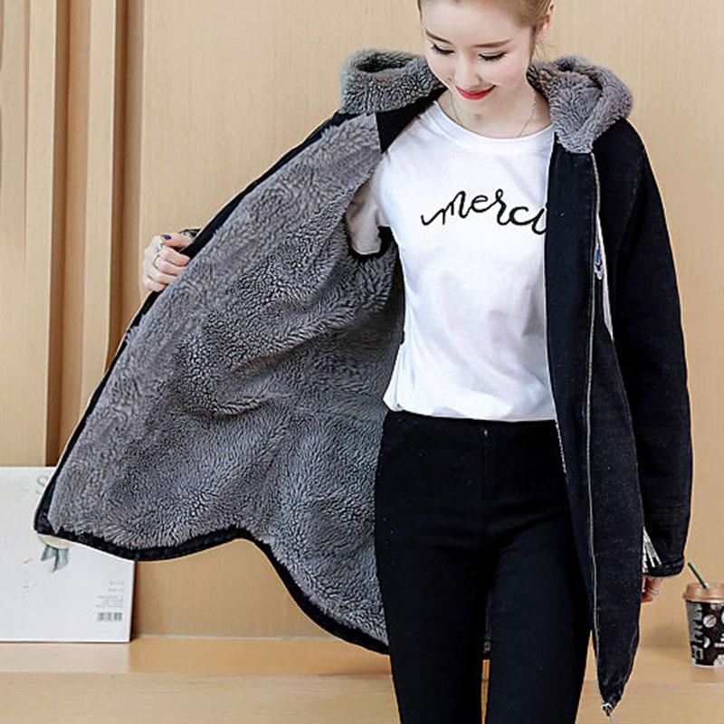 Women Flocking Denim Jacket Winter Ladies Mid-length Denim Parka Loose Plus Fleece Thick Hooded Coat