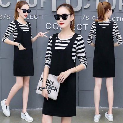 Suit Summer Loose T-shirt Suspender Skirt Two-piece Female Mid-length Plus Size Suit Casual Suit Suspender Skirt Comfortable and Convenient