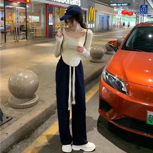 2PCS Women's Loose Wide-leg Pants Suit Slim Long-sleeved T-shirt + Loose Trousers Casual Two-piece Set Jogging Suits for Girl