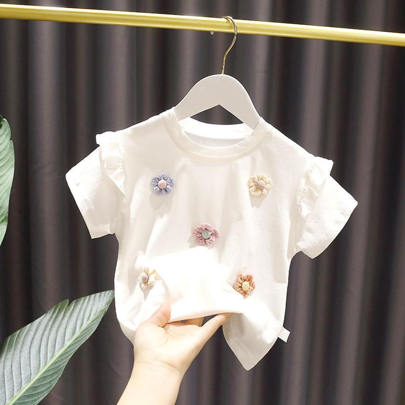 Girls' Summer T-shirt Baby Korean Style Lovely Lace Short Sleeve Baby Girl Fresh and Comfortable Base T Shirt