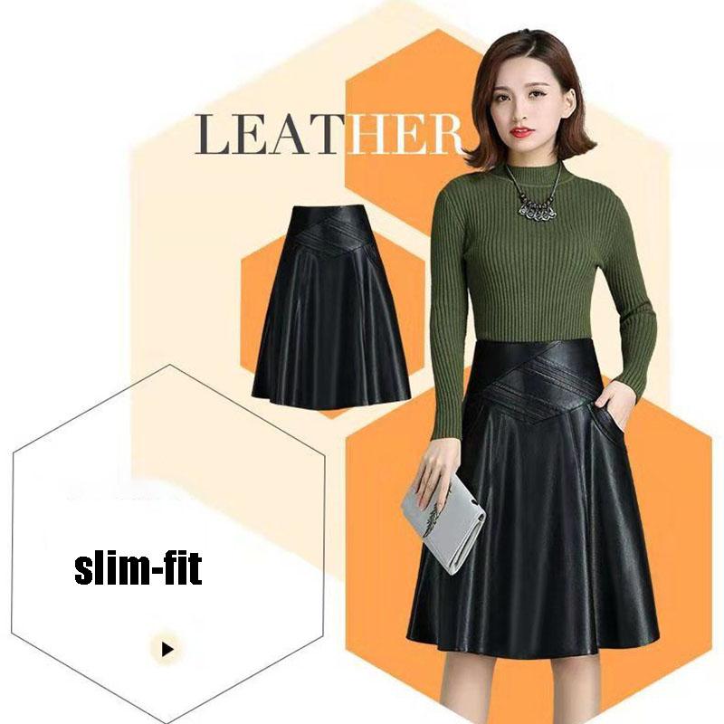 Women PU Leather Skirt Black High Waist  Pleated Skirt Slim Mid-length Plus Size A-line Skirt Autumn Winter