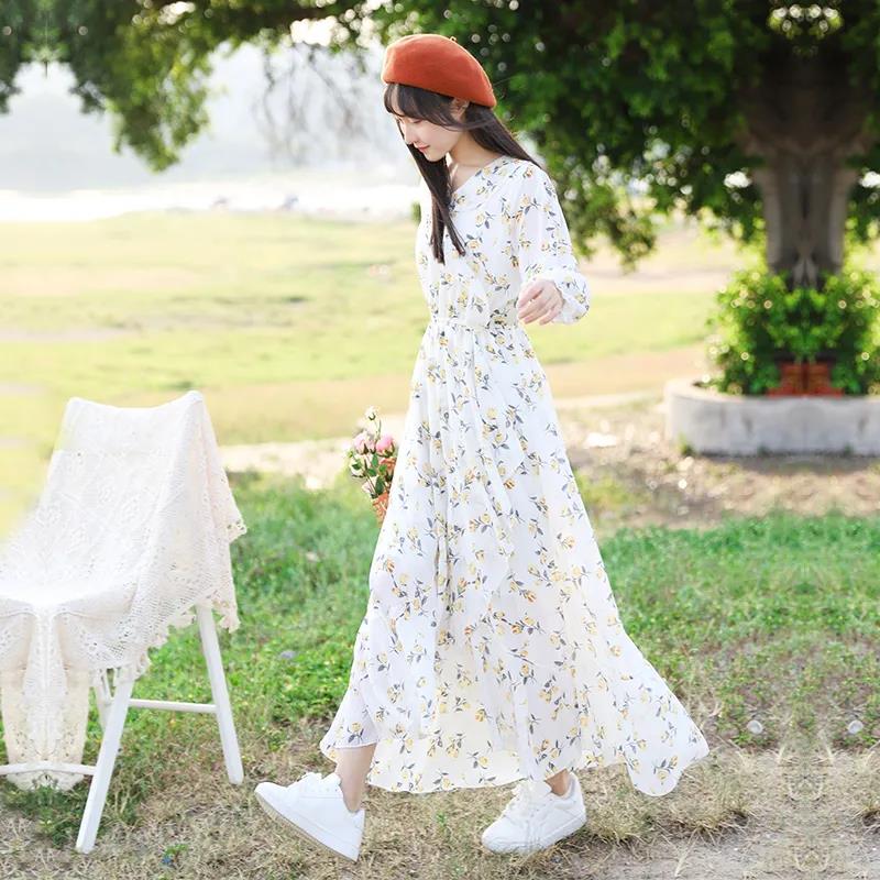 Female Vintage High Waist Super Fairy Holiday Dress Elegant Slim Chiffon Floral Print Dress