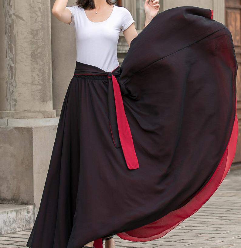 Black Long Chiffon Maxi Skirt Women, Swing Full Circle Skirt, Boho Maxi Skirt, Elastic Waist Chiffon Skirt with Sash, Plus Size Skirt