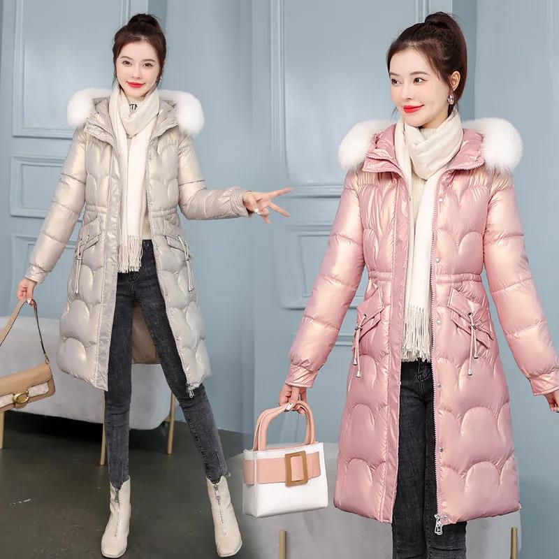 Down Cotton Jacket Winter Thicken Warm Loose Fashion Color Glossy Disposable Hooded Mid-length Cotton Jacket Women