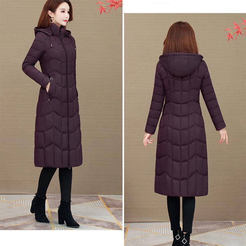 Women's Solid Color Long Down Jacket  Quilted Coat Women's Winter Padded Down Jacket Hooded Down Jacket with Warm Stand-up Collar