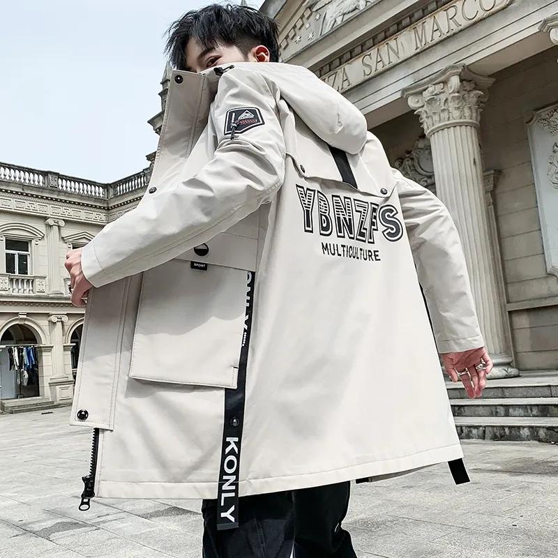 Spring Autumn Men's Work Jacket Teen Pocket Jacket Casual Hooded Jacket Trench Coat