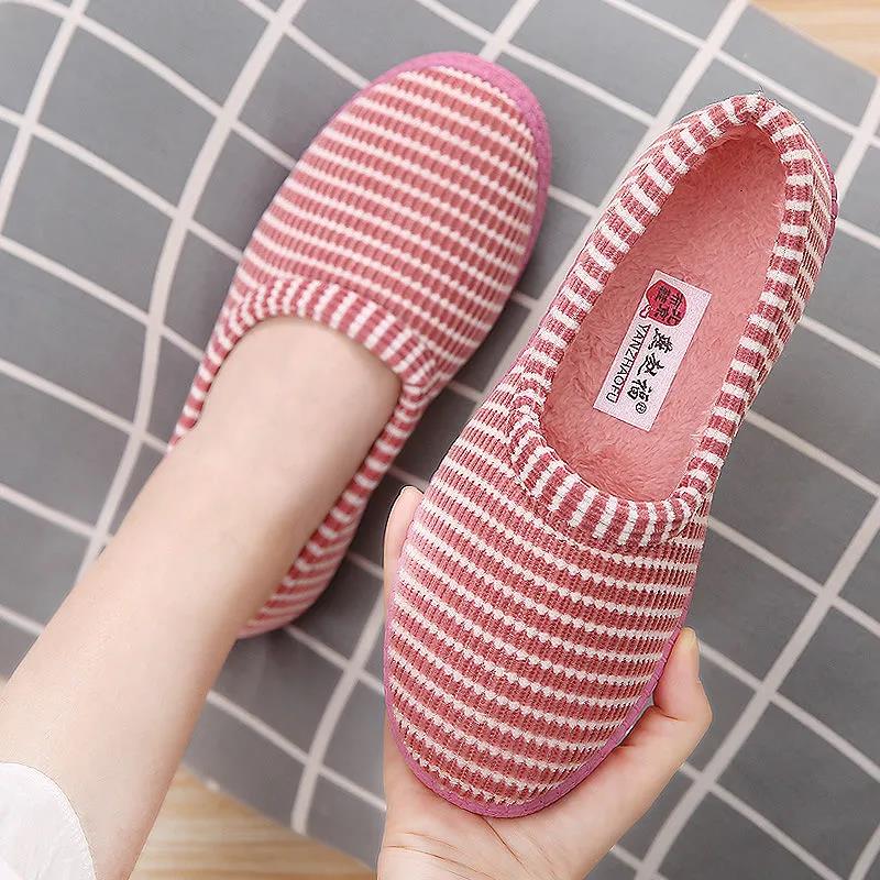 Winter Cotton Slippers Women's Cotton Shoes Bag Heels Cute Stripes Indoor Cotton Slippers Non-slip Warmth Plush Low-top Cotton Shoes