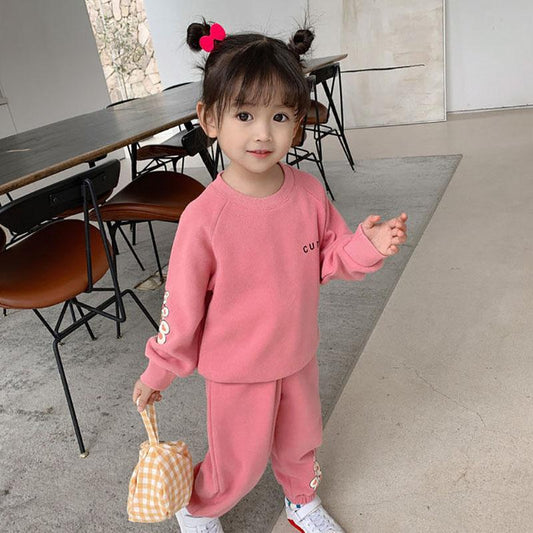 Girls' Suits Spring and Autumn Girls' Baby Children's sets Children's Two-piece Sweater Suits Solid Color Loose Casual Suits