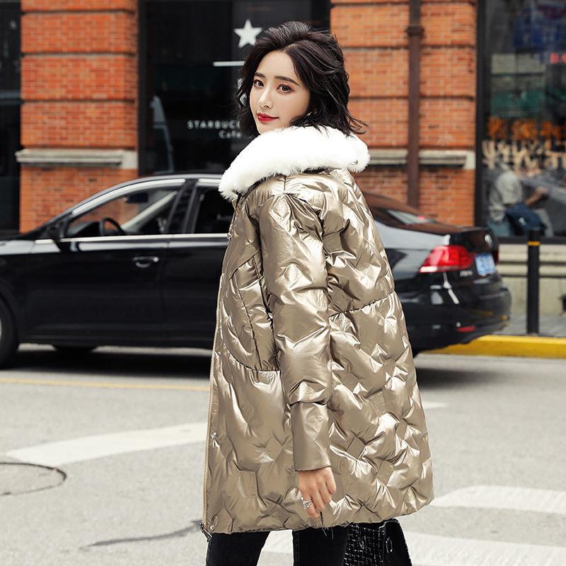 Fashion Trend Bright Face Down Winter Fur Collar Female Mid-length Korean Style Loose and Thin Padded Jacket