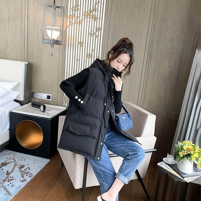 Hooded Down Cotton Vest Women Autumn and Winter Vest Loose Large Size Mid-length Thick Waistcoat Waistcoat