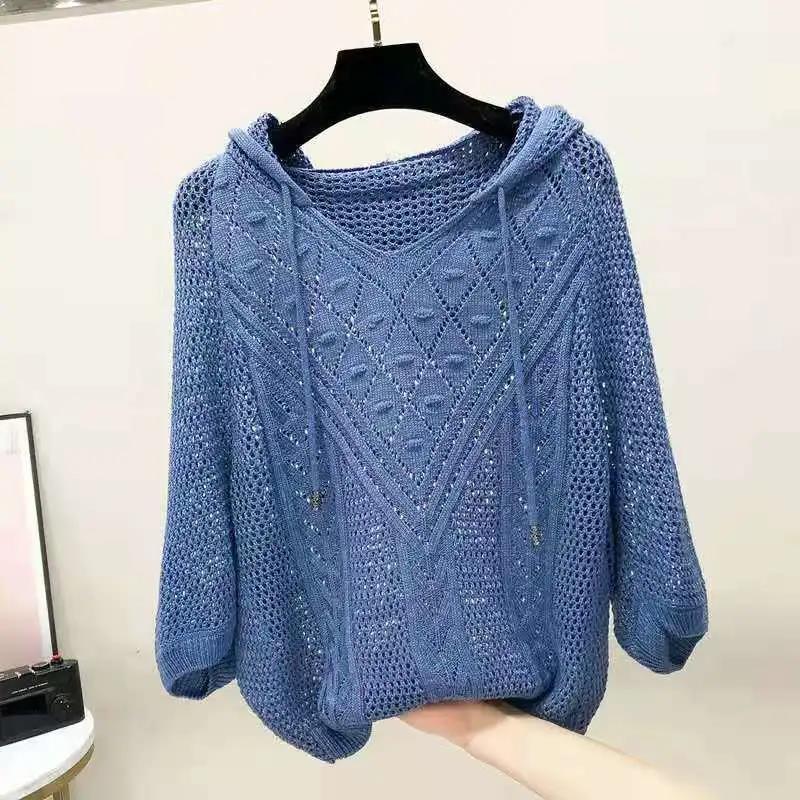 Women's Hollow Knitted Sweater Mid-sleeve Thin Loose Blouse Top Spring and Autumn Girls