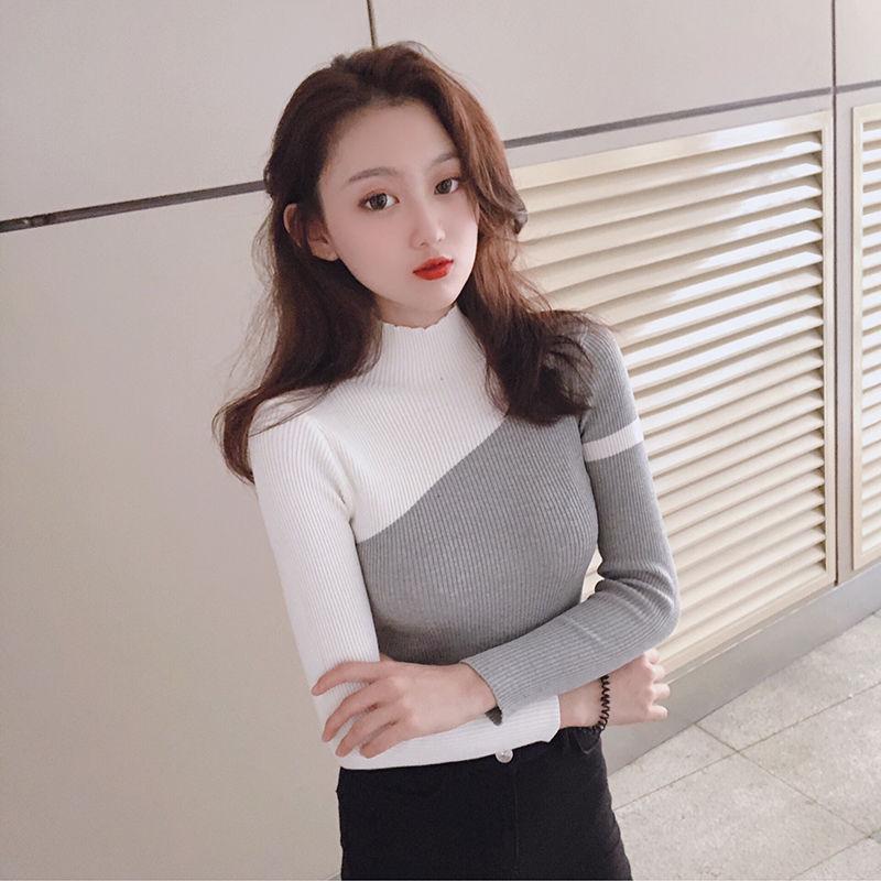 Long Sleeve Knit Sweater Slim Joker Top Fashion Color Matching Sweater Spring and Autumn Tops Women