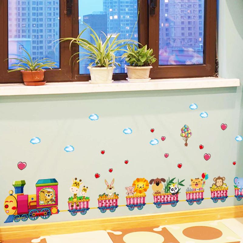 Cartoon wall stickers animal world animation train children's room kindergarten