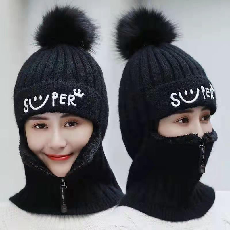 Winter Hat Ladies Knitted Hat Warm Plush Pompom Hat Skull Hat Women Girls Mask Hat Upgrade Version with Zipper