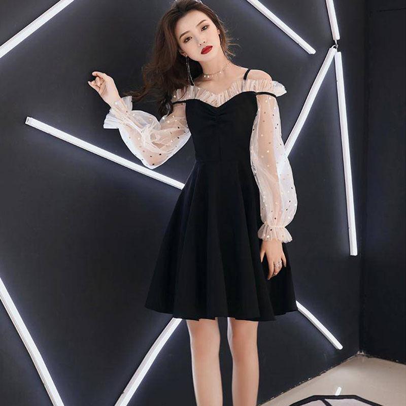 Mesh Puff Sleeve Spaghetti Strap Dress Short Sexy Banquet Party Blackless Dress Summer