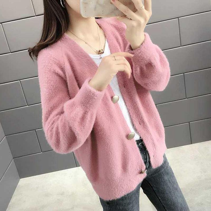 Autumn and Winter Mohair Knitted Jacket Cardigan Simple Casual Sweater Loose Long-sleeved Women's Top