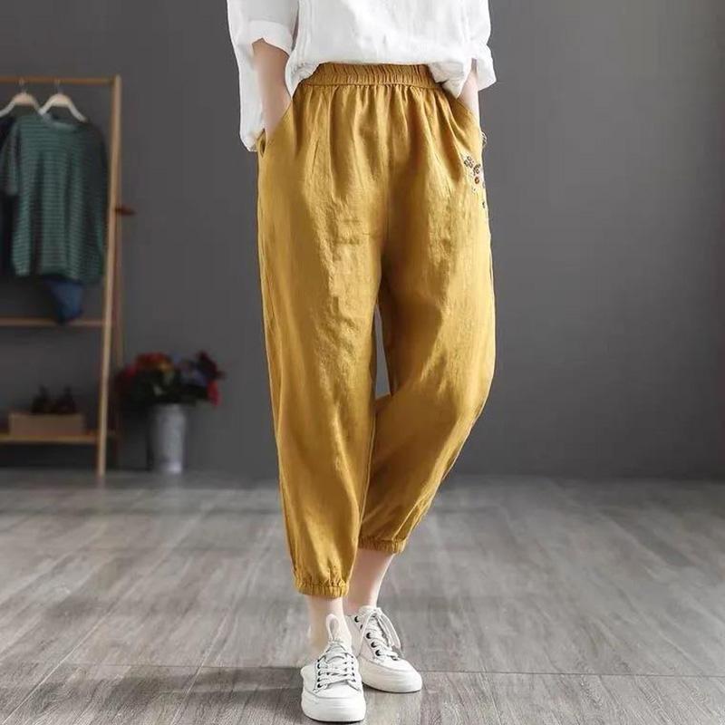 WTEMPO Cotton Retro Flower Embroidery Women Spring and Summer Loose Solid Color Casual Trousers