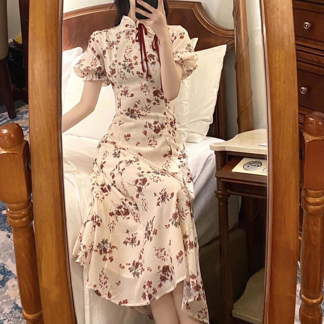 Female Improved Cheongsam Vintage Holiday Fairy Dress Slim Light Mature Style Elegant Stand-collar Floral Print Dress