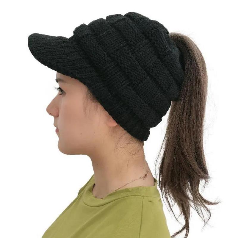 Women's Knitted Ponytail Hat Woolen Warm Cap Sports Outdoor Style Warm Baseball Cap All-match Outdoor Riding Hat Empty Peaked Knitting Cap with Brim