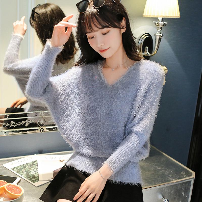 Autumn and Winter Style Plush Loose V-neck Bottoming Shirt Slim Short Sweater Women