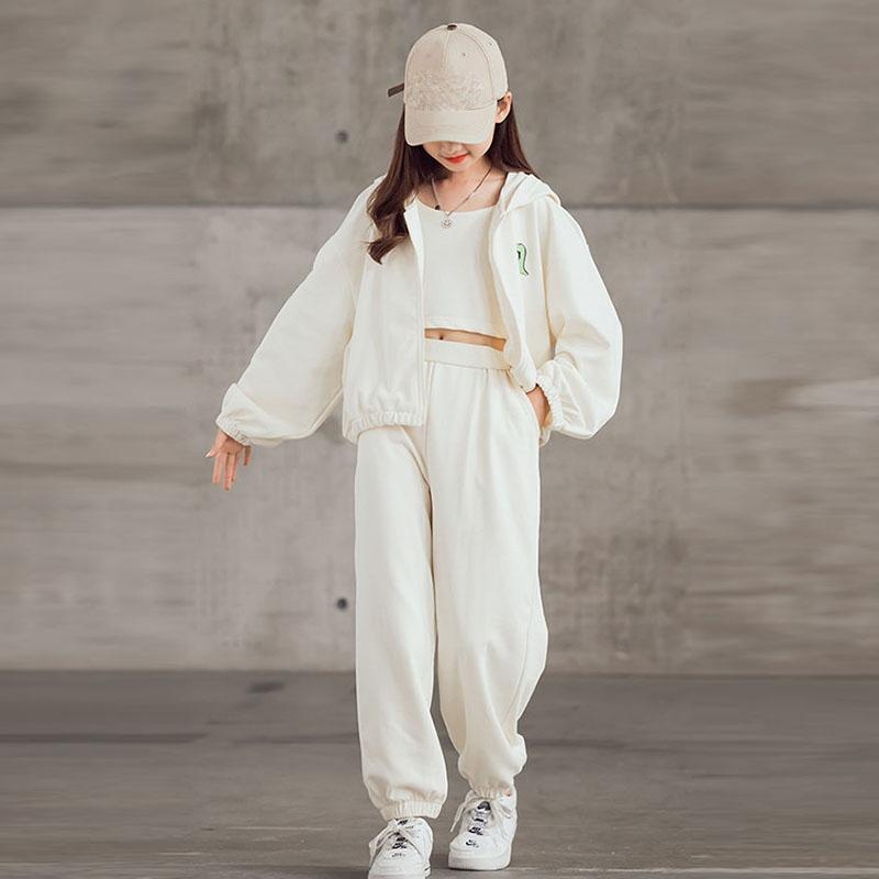 Girls Spring and Autumn Suits, Children's Solid Color Loose Suits, Sports Suits, Three-piece Casual Sets